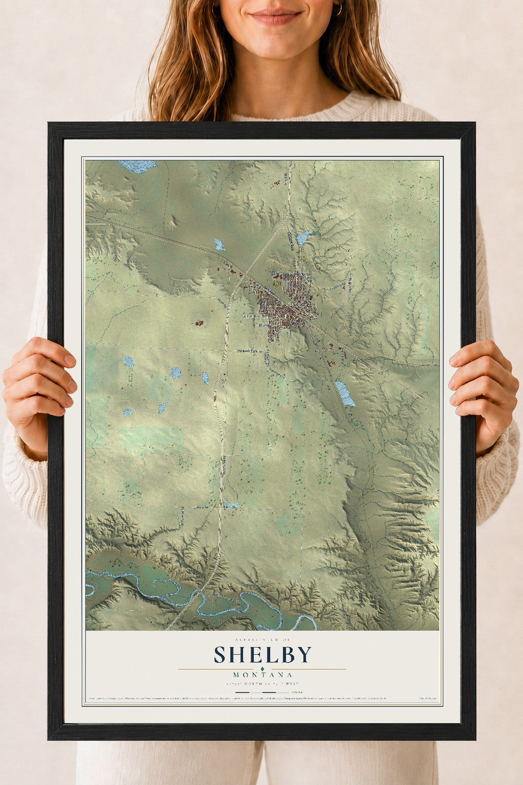 Map of Shelby, Montana, 18 x 24 inch print in a black wood frame