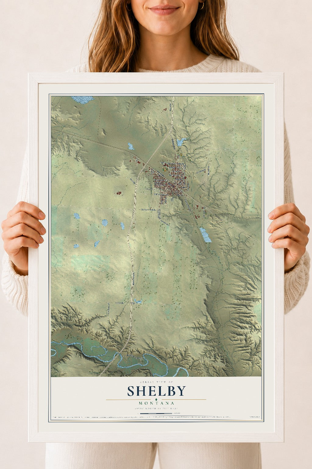 Map of Shelby, Montana, 18 x 24 inch print in a white wood frame