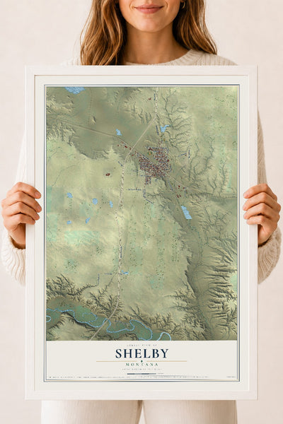 Map of Shelby, Montana, 18 x 24 inch print in a white wood frame