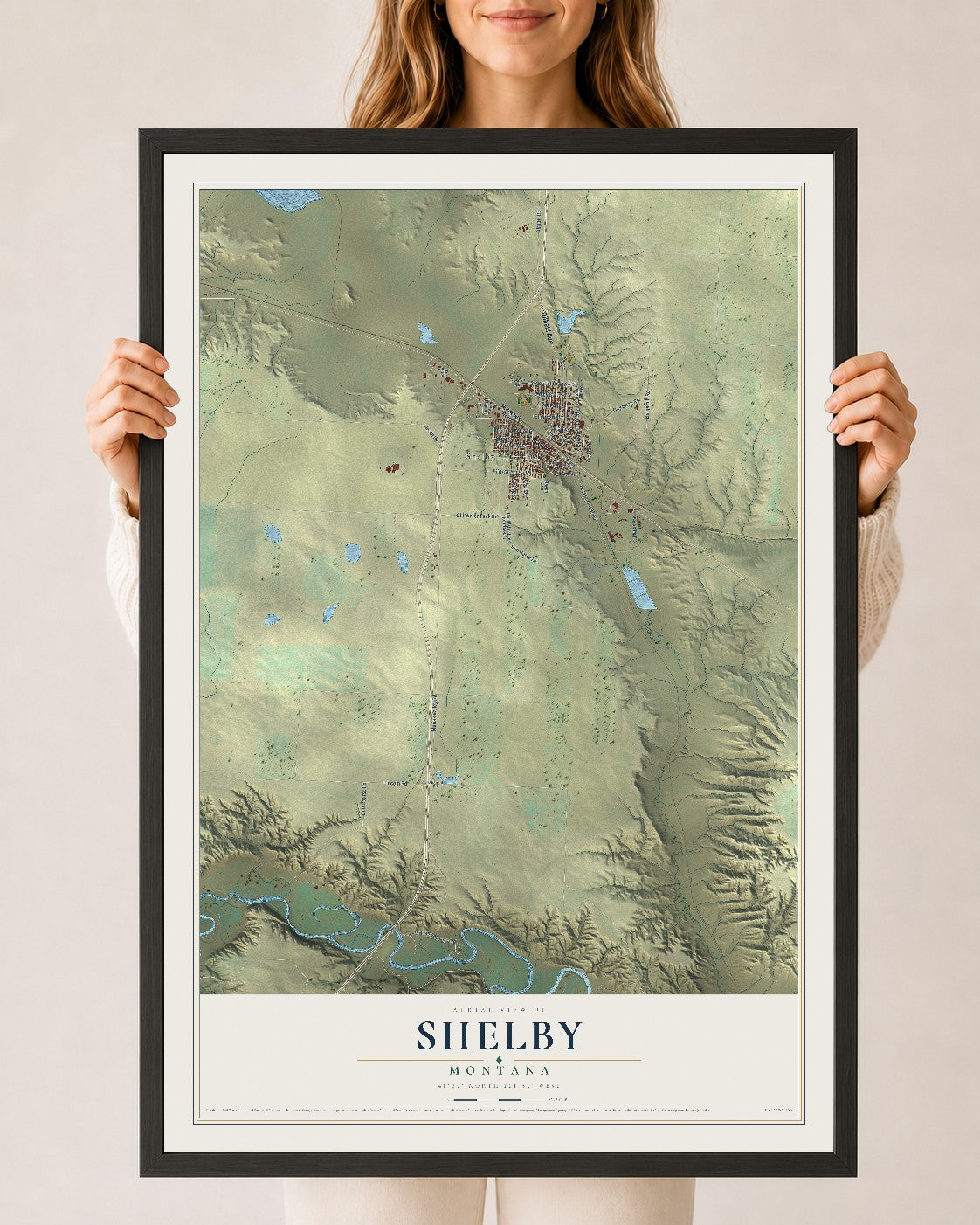 Map of Shelby, Montana, 24 x 36 inch print in a black wood frame