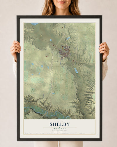 Map of Shelby, Montana, 24 x 36 inch print in a black wood frame