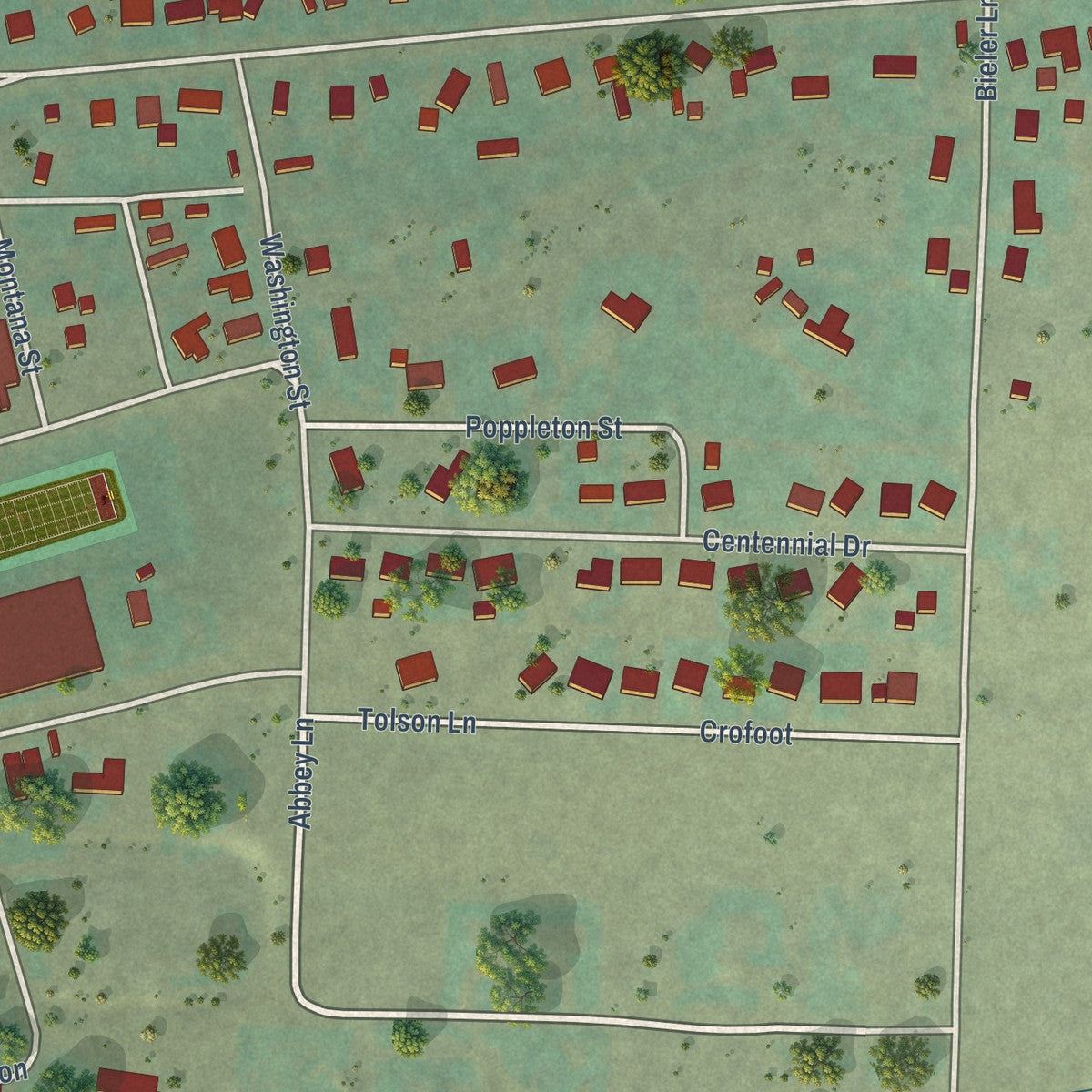 Second close-up of the map of Sheridan, Montana print showing more streets and buildings
