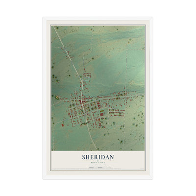 Map of Sheridan, Montana, 12 x 18 inch print in a white wood frame