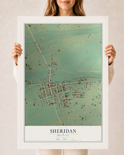 Map of Sheridan, Montana, 24 x 36 inch print in a white wood frame