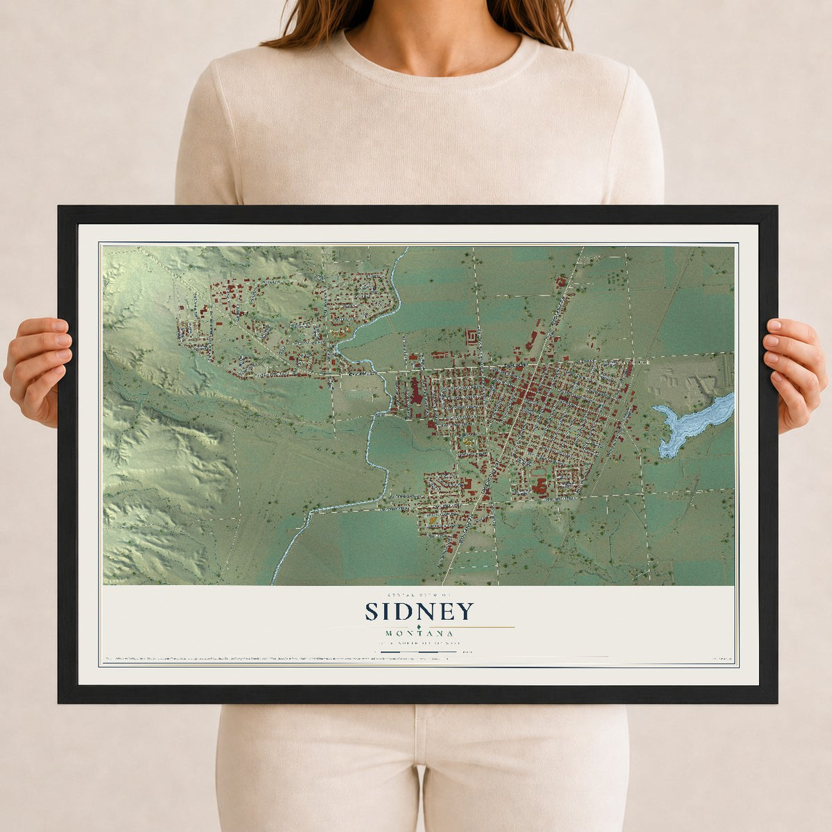 Map of Sidney, Montana, 12 x 18 inch print in a black wood frame
