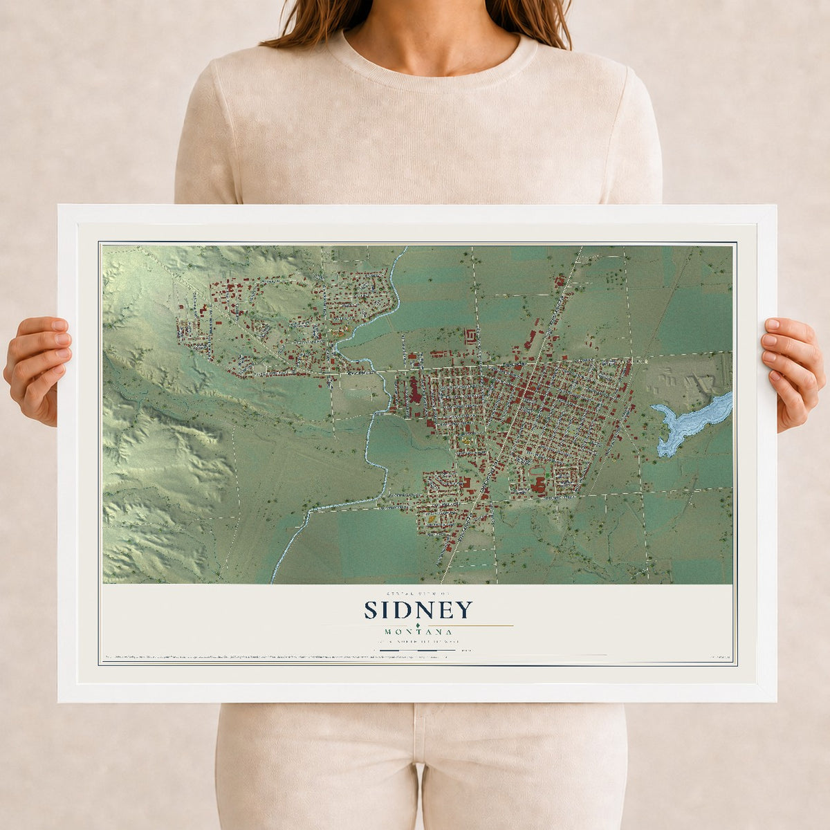Map of Sidney, Montana, 12 x 18 inch print in a white wood frame