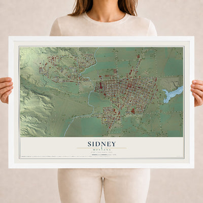 Map of Sidney, Montana, 18 x 24 inch print in a white wood frame