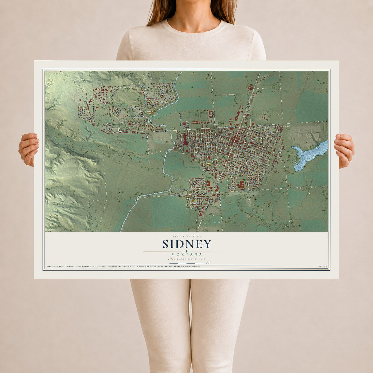 Map of Sidney, Montana, 24 x 36 inch unframed archival matte print
