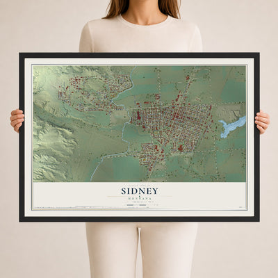Map of Sidney, Montana, 24 x 36 inch print in a black wood frame