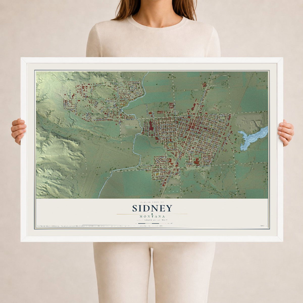 Map of Sidney, Montana, 24 x 36 inch print in a white wood frame
