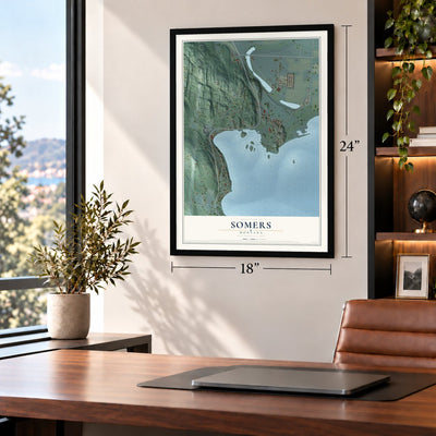 Somers, Montana map, 18 x 24 inch print in a black frame in a home office