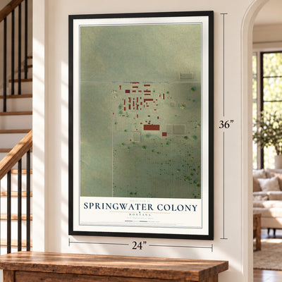 Springwater Colony, Montana map, 24 x 36 inch print in a black frame by a staircase