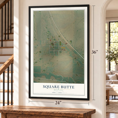 Square Butte, Montana map, 24 x 36 inch print in a black frame by a staircase