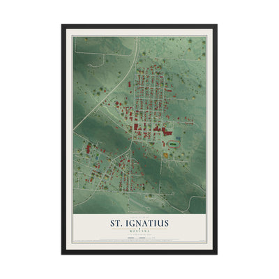 Map of St. Ignatius, Montana, 12 x 18 inch print in a black wood frame