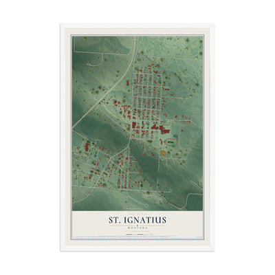 Map of St. Ignatius, Montana, 12 x 18 inch print in a white wood frame