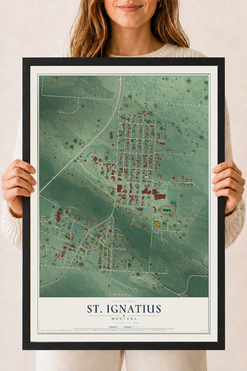 Map of St. Ignatius, Montana, 18 x 24 inch print in a black wood frame