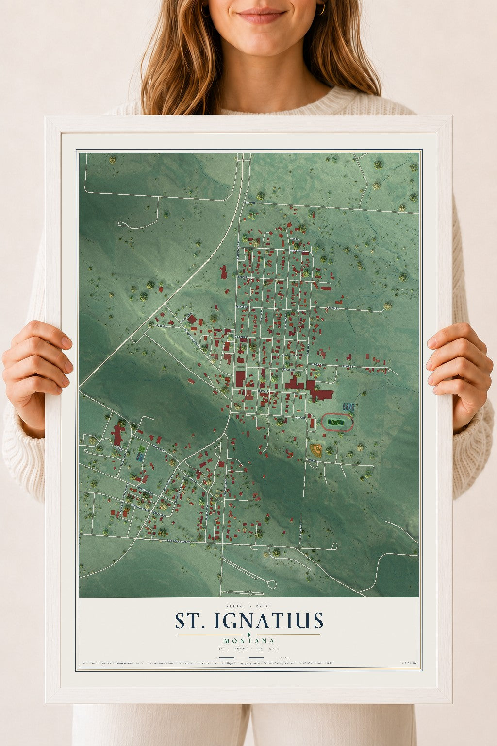 Map of St. Ignatius, Montana, 18 x 24 inch print in a white wood frame