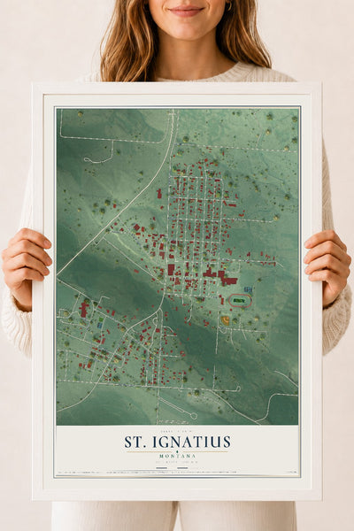 Map of St. Ignatius, Montana, 18 x 24 inch print in a white wood frame
