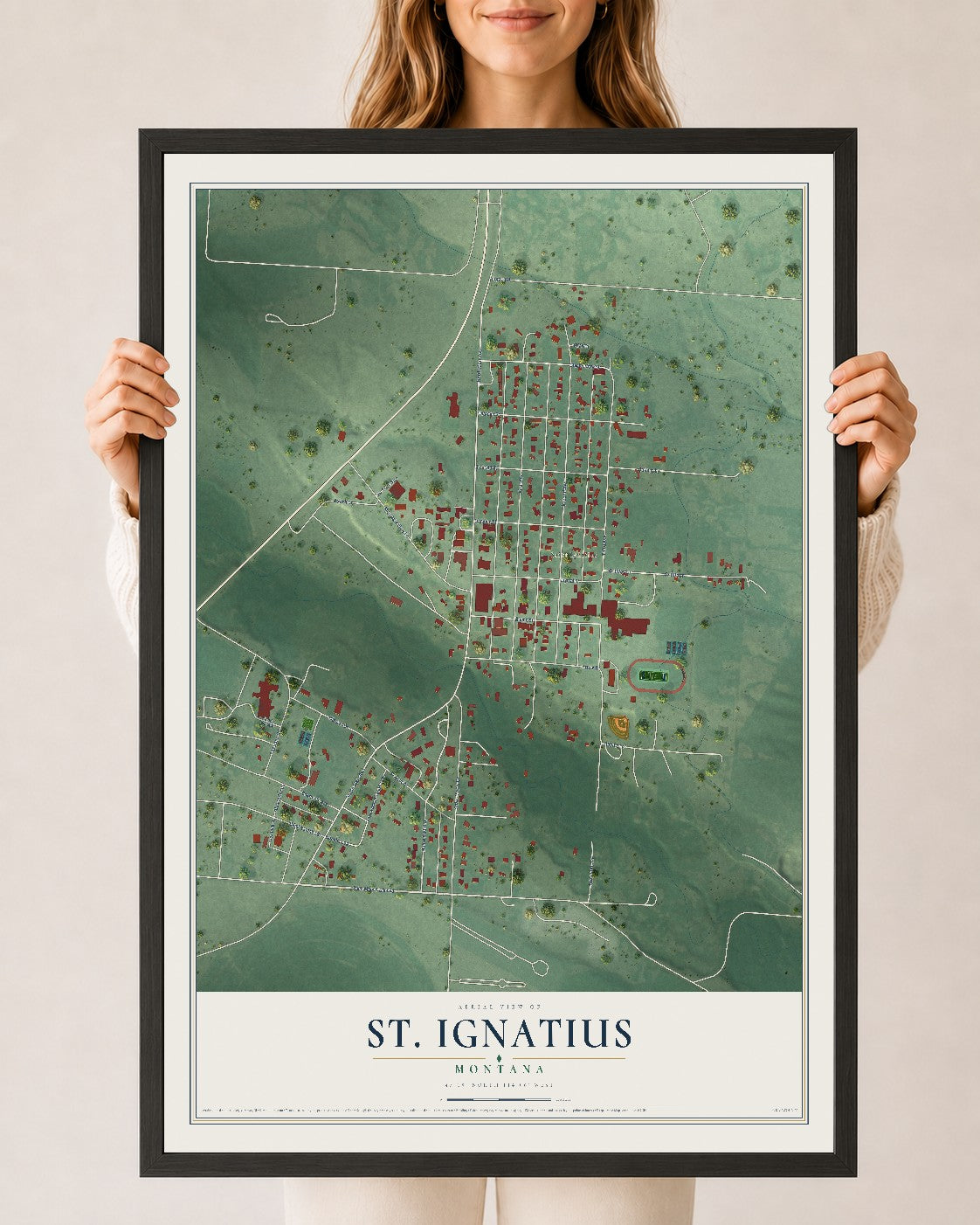 Map of St. Ignatius, Montana, 24 x 36 inch print in a black wood frame