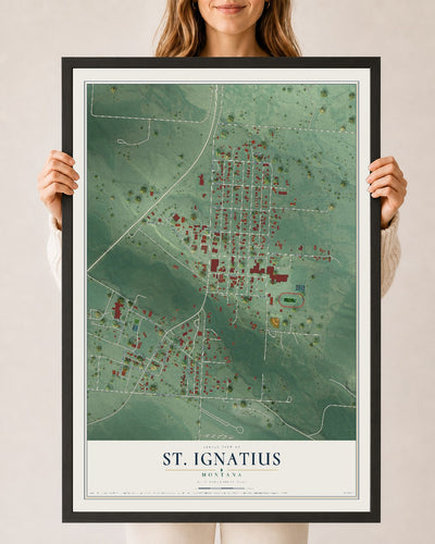 Map of St. Ignatius, Montana, 24 x 36 inch print in a black wood frame