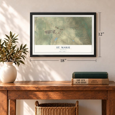 St. Marie, Montana map, 12 x 18 inch print in a black frame in an entryway