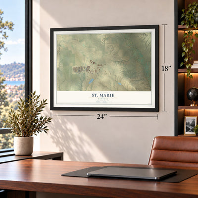 St. Marie, Montana map, 18 x 24 inch print in a black frame in a home office