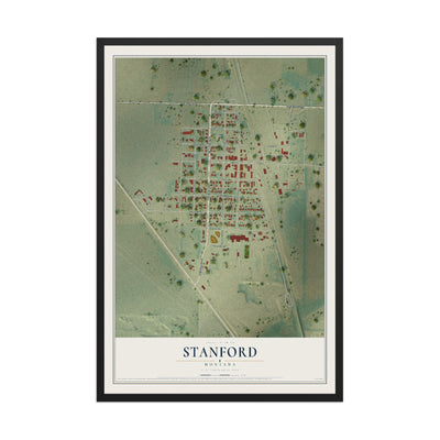 Map of Stanford, Montana, 12 x 18 inch print in a black wood frame