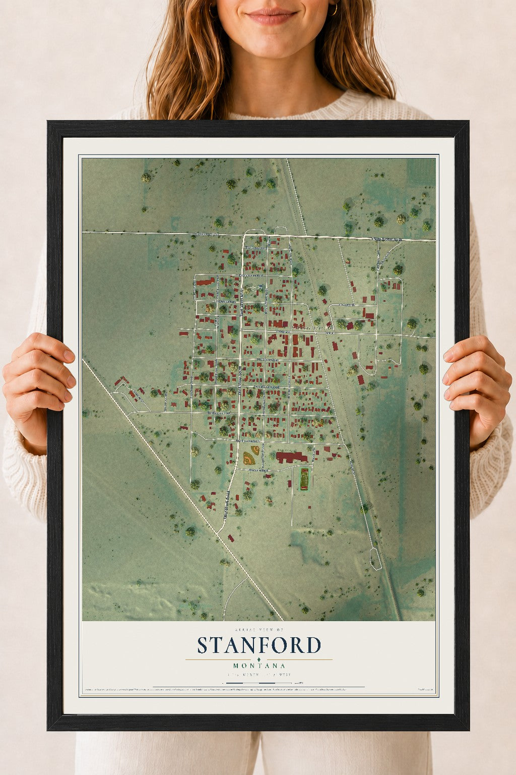 Map of Stanford, Montana, 18 x 24 inch print in a black wood frame