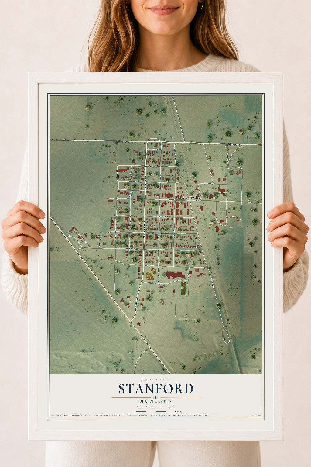 Map of Stanford, Montana, 18 x 24 inch print in a white wood frame