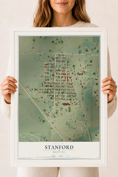 Map of Stanford, Montana, 18 x 24 inch print in a white wood frame