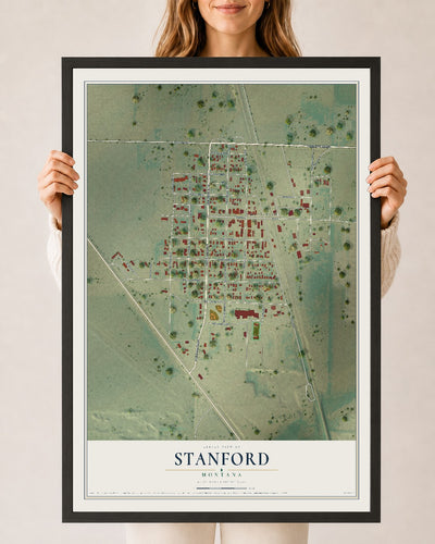 Map of Stanford, Montana, 24 x 36 inch print in a black wood frame