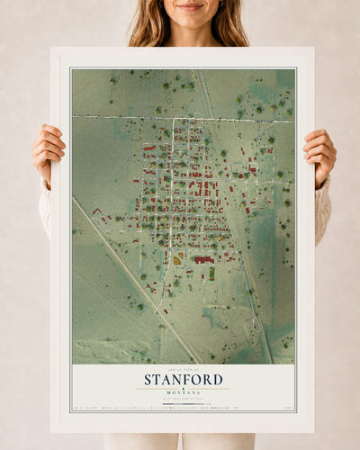 Map of Stanford, Montana, 24 x 36 inch print in a white wood frame