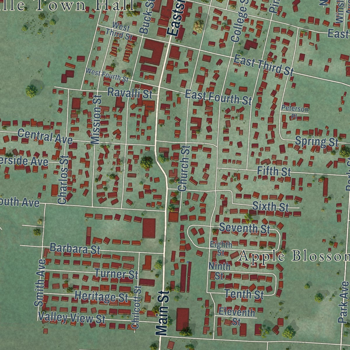 Close-up of the map of Stevensville, Montana print showing street and building detail