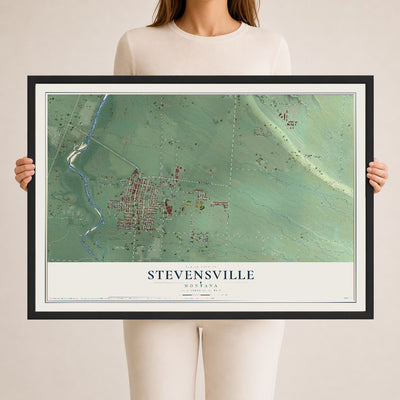 Map of Stevensville, Montana, 24 x 36 inch print in a black wood frame
