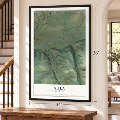 Sula, Montana map, 24 x 36 inch print in a black frame by a staircase