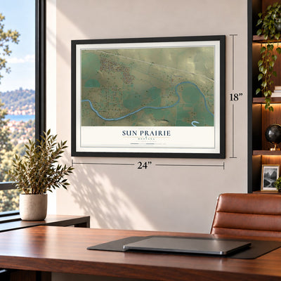 Sun Prairie, Montana map, 18 x 24 inch print in a black frame in a home office