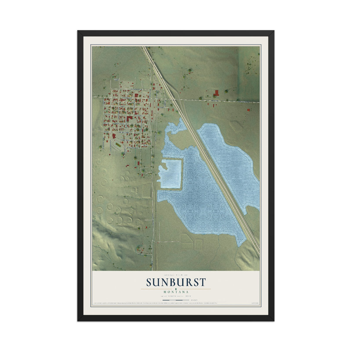 Map of Sunburst, Montana, 12 x 18 inch print in a black wood frame