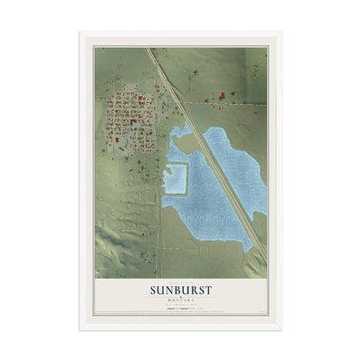 Map of Sunburst, Montana, 12 x 18 inch print in a white wood frame