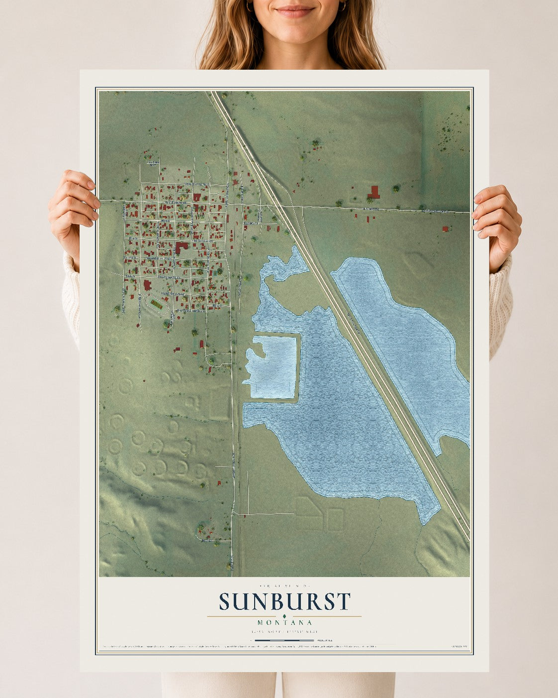 Map of Sunburst, Montana, 24 x 36 inch unframed archival matte print