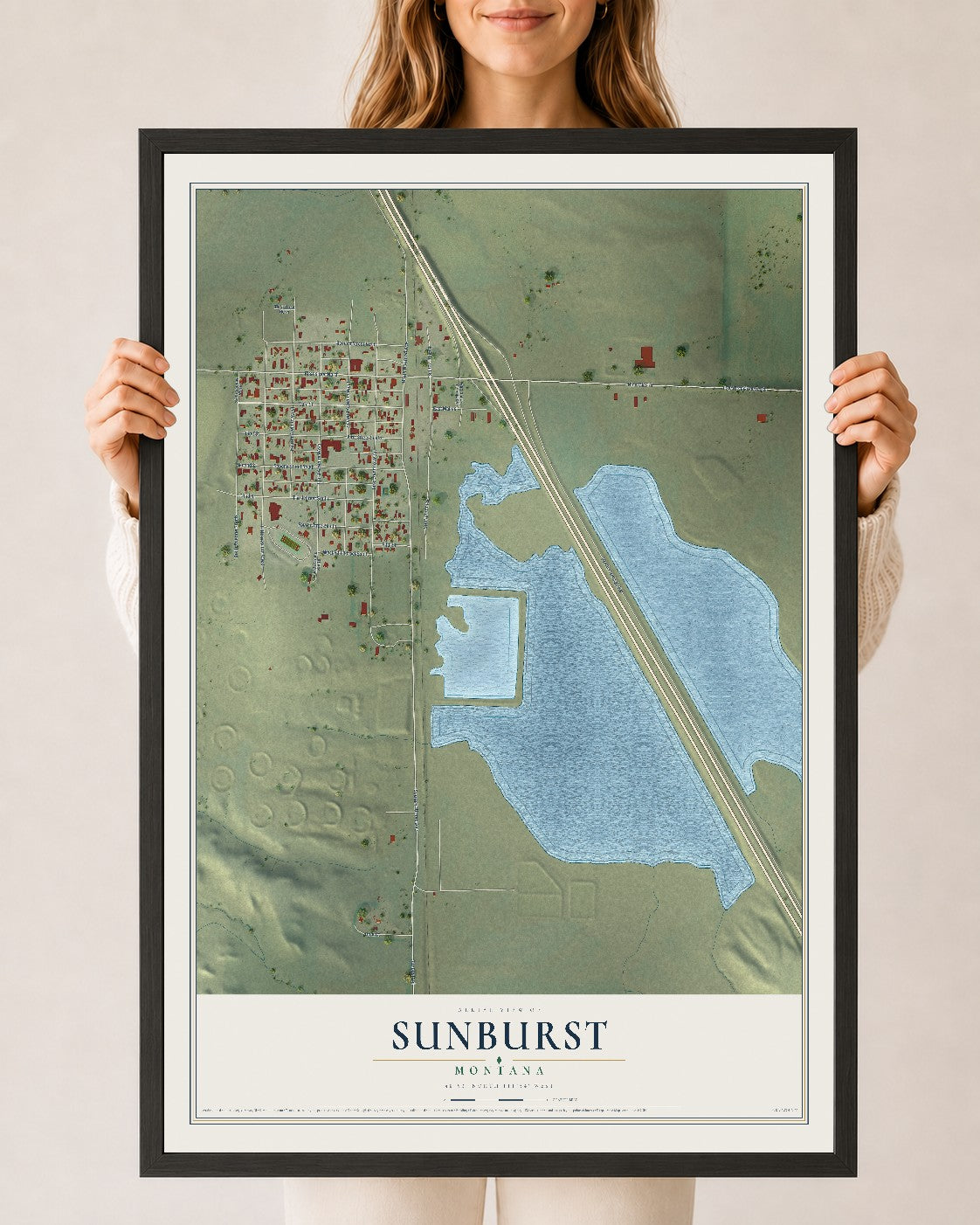 Map of Sunburst, Montana, 24 x 36 inch print in a black wood frame