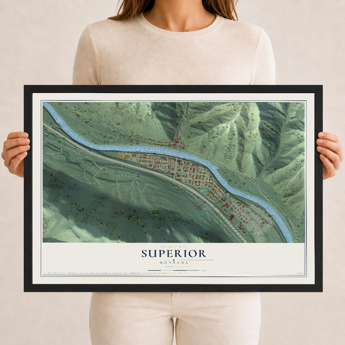 Map of Superior, Montana, 12 x 18 inch print in a black wood frame