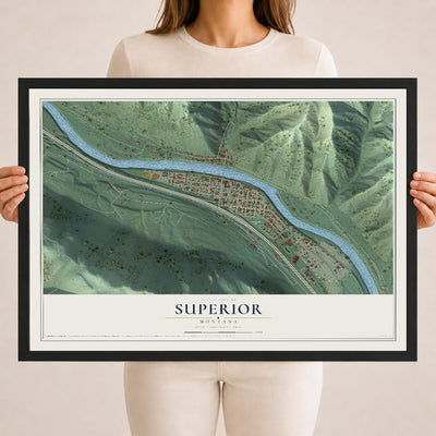 Map of Superior, Montana, 18 x 24 inch print in a black wood frame