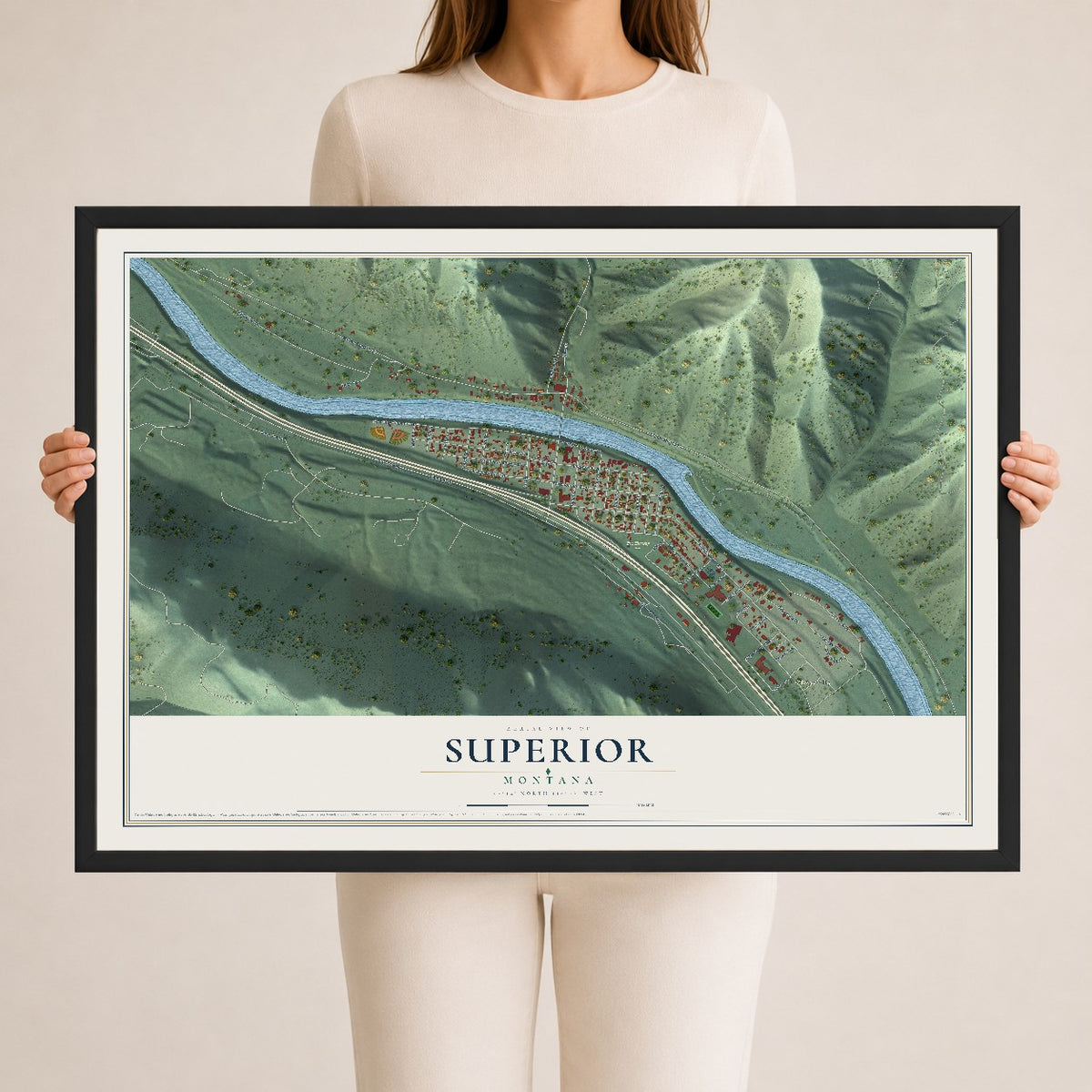 Map of Superior, Montana, 24 x 36 inch print in a black wood frame