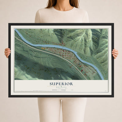Map of Superior, Montana, 24 x 36 inch print in a black wood frame