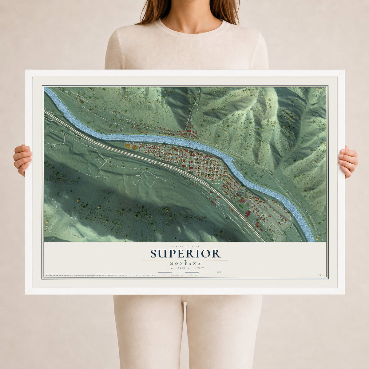 Map of Superior, Montana, 24 x 36 inch print in a white wood frame