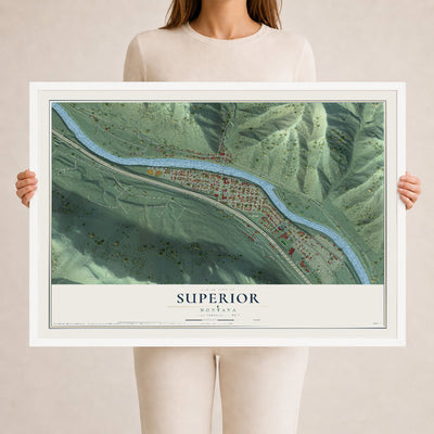 Map of Superior, Montana, 24 x 36 inch print in a white wood frame