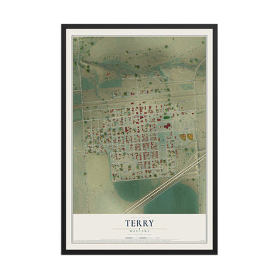 Map of Terry, Montana, 12 x 18 inch print in a black wood frame