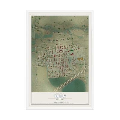 Map of Terry, Montana, 12 x 18 inch print in a white wood frame