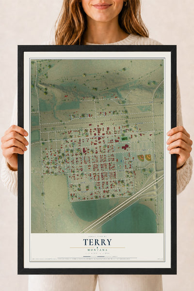 Map of Terry, Montana, 18 x 24 inch print in a black wood frame