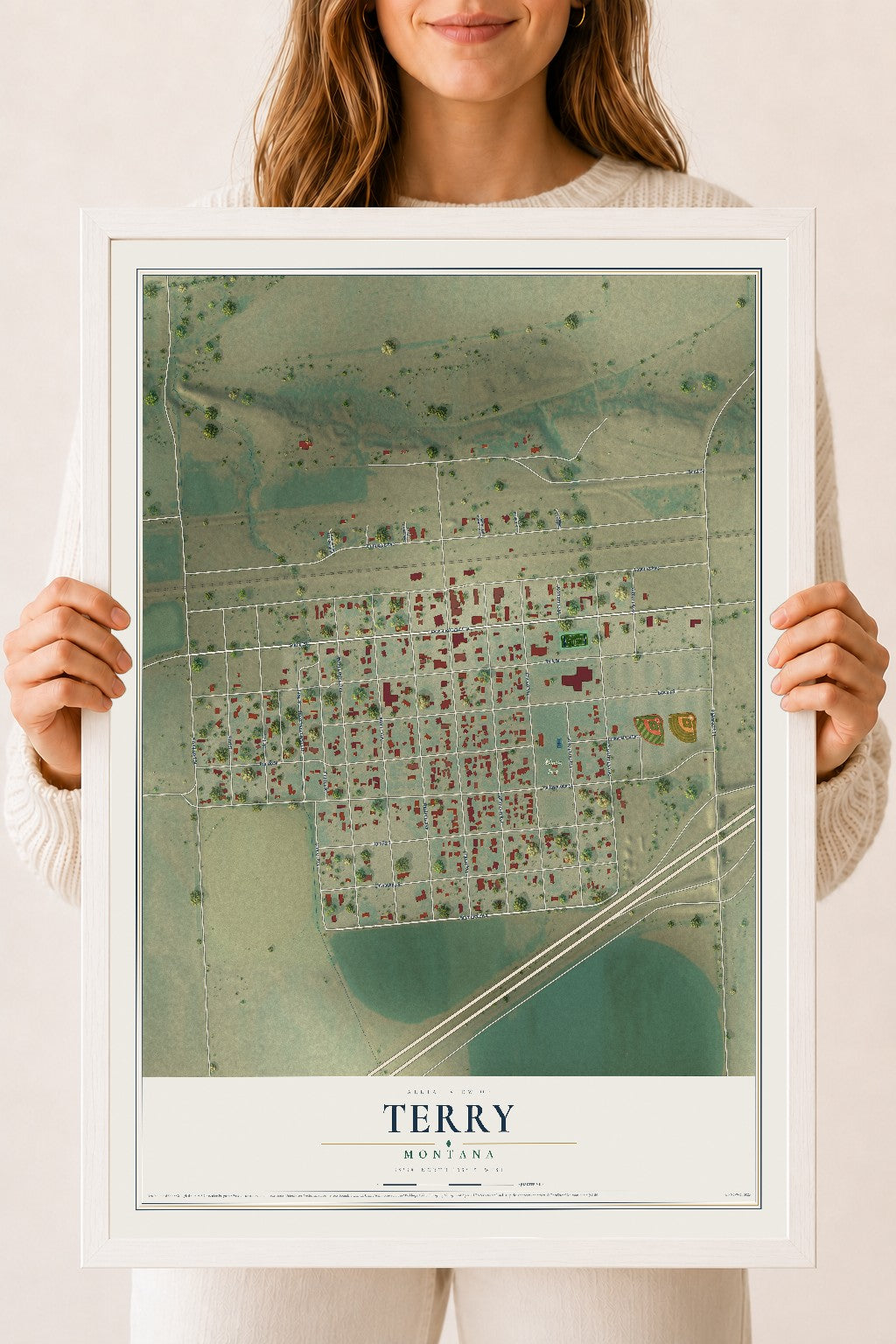 Map of Terry, Montana, 18 x 24 inch print in a white wood frame